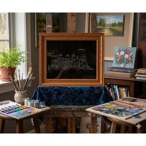 Vintage Locomotive Framed Etched In Slate, 12.5x10.5 Weighing 4lbs